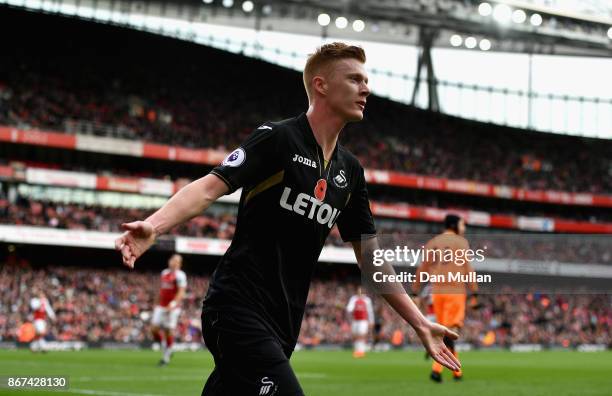 Samuel Clucas of Swansea City celebrates scoring his sides first goal during the Premier League match between Arsenal and Swansea City at Emirates...