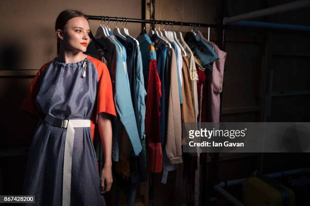Model backstage ahead of the Asya Krasnaya Presentation during Fashion Forward October 2017 held at the Dubai Design District on October 28, 2017 in...