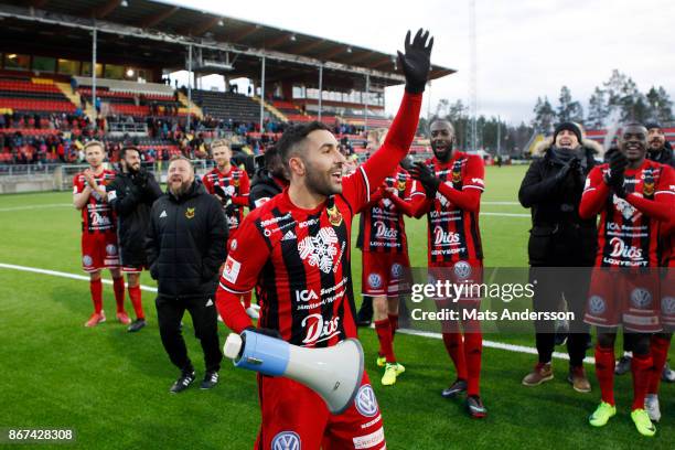 Saman Ghoddos of Ostersunds FK celebrates after the victory during the Allsvenskan match between Ostersunds FK and IF Elfsborg at Jamtkraft Arena on...