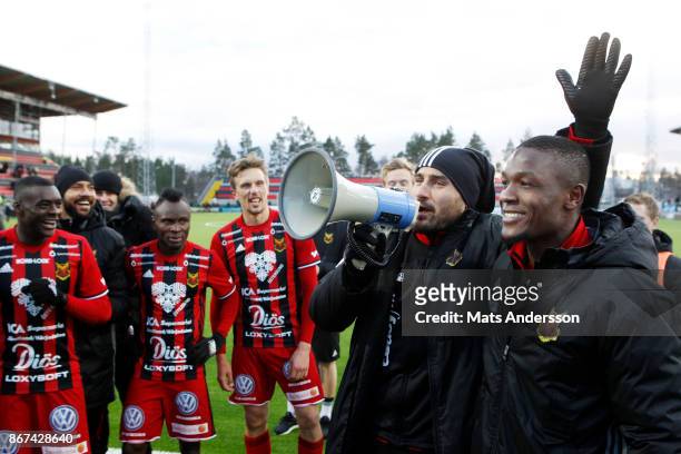 Alhaji Gero and Sotirios Papagiannopoulus of Ostersunds FK celebrates after the victory during the Allsvenskan match between Ostersunds FK and IF...