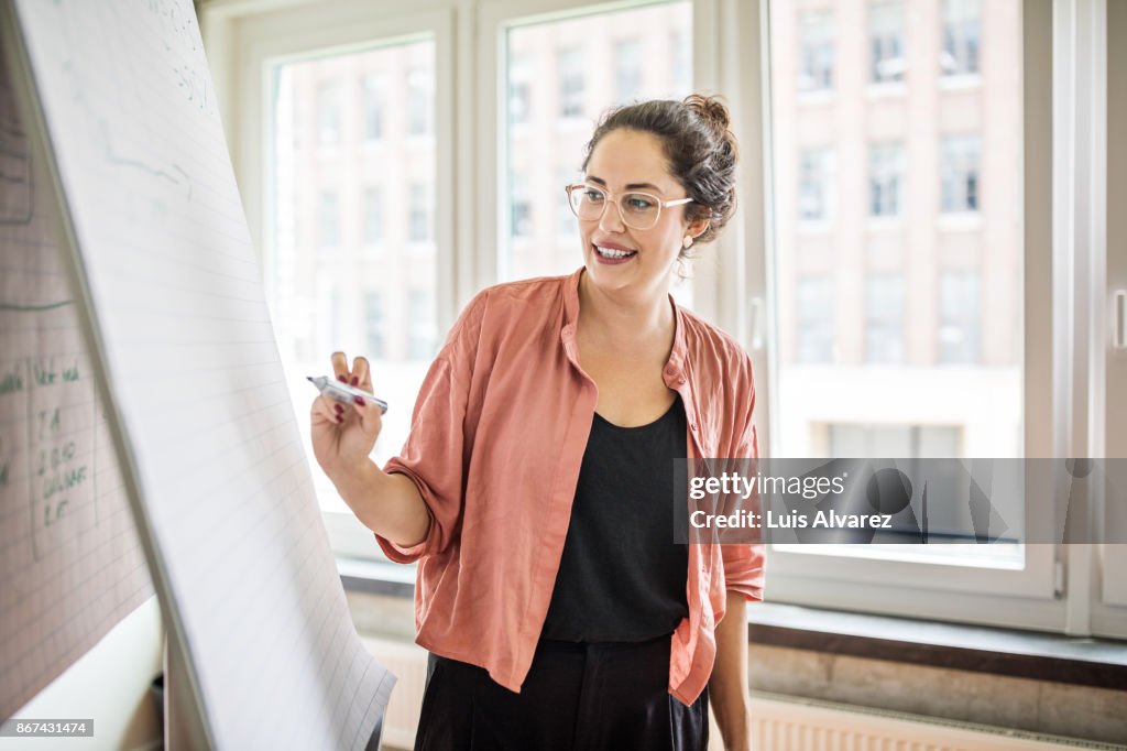 Confident businesswoman giving presentation in creative office