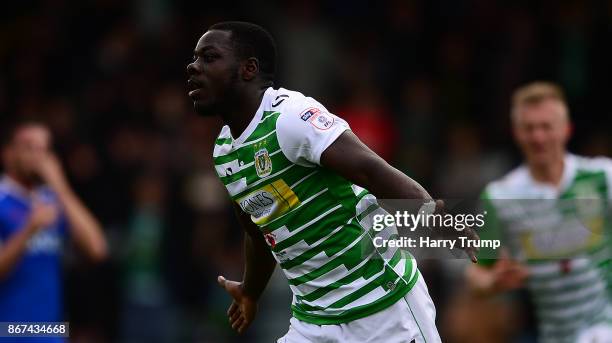 Olufela Olomola of Yeovil Town celebrates his sides second goal during the Sky Bet League Two match between Yeovil Town and Stevenage Borough at...