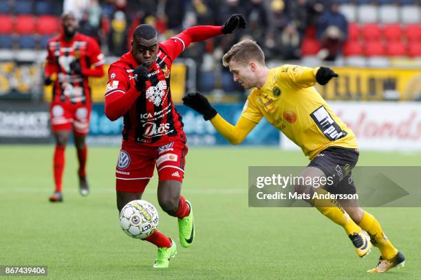 Ken Sema of Ostersunds FK and Adam Lundqvist of IF Elfsborg during the Allsvenskan match between Ostersunds FK and IF Elfsborg at Jamtkraft Arena on...