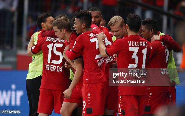 Sven Bender of Bayer Leverkusen celebrates with his team after he scored a goal to make it 2:1 during the Bundesliga match between Bayer 04...