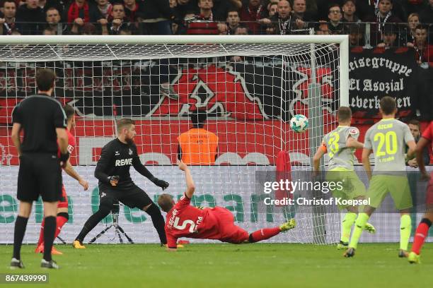 Sven Bender of Leverkusen scores the second goal of Leverkusen during the Bundesliga match between Bayer 04 Leverkusen and 1. FC Koeln at BayArena on...