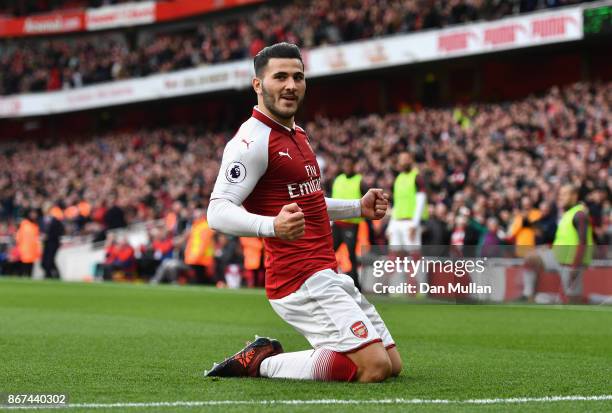 Sead Kolasinac of Arsenal celebrates scoring his sides first goal during the Premier League match between Arsenal and Swansea City at Emirates...