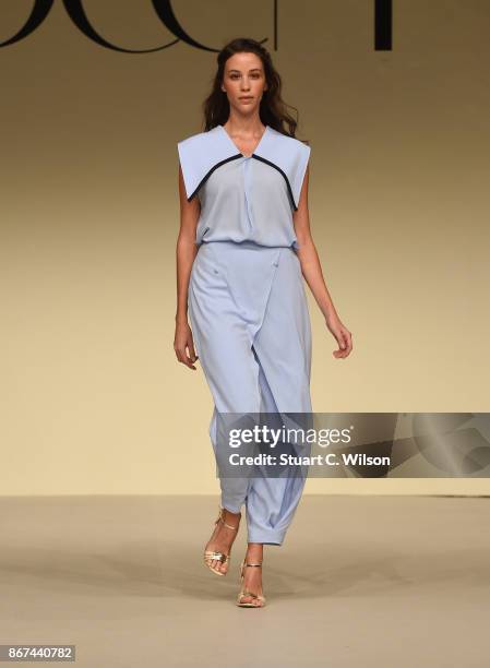 Model showcases a design by Sadeem during Fashion Forward October 2017 held at the Dubai Design District on October 28, 2017 in Dubai, United Arab...