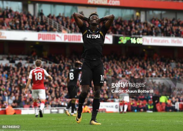 Tammy Abraham of Swansea City reacts during the Premier League match between Arsenal and Swansea City at Emirates Stadium on October 28, 2017 in...