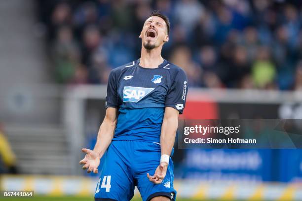 Sandro Wagner of Hoffenheim reacts during the Bundesliga match between TSG 1899 Hoffenheim and Borussia Moenchengladbach at Wirsol Rhein-Neckar-Arena...