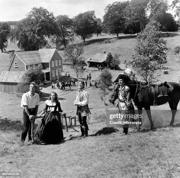 Burt Lancaster, Janette Scott, Kirk Douglas and Laurence Olivier on the set of 'The Devil's Disciple' in Tring Park, Hertfordshire, 30th July 1958.