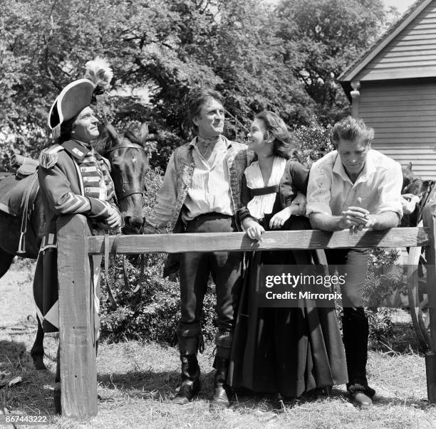 Laurence Olivier, Kirk Douglas, Janette Scott and Burt Lancaster on the set of 'The Devil's Disciple' in Tring Park, Hertfordshire, 30th July 1958.