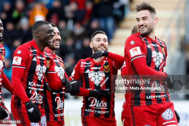 Sotirios Papagiannopoulus of Ostersunds FK celebrates after scoring during the Allsvenskan match between Ostersunds FK and IF Elfsborg at Jamtkraft...