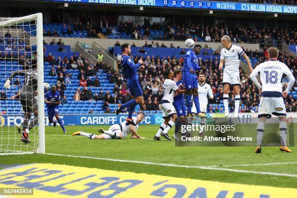 Steve Morison of Millwall heads the ball towards goal during the Sky Bet Championship match between Cardiff City and Millwall at The Cardiff City...