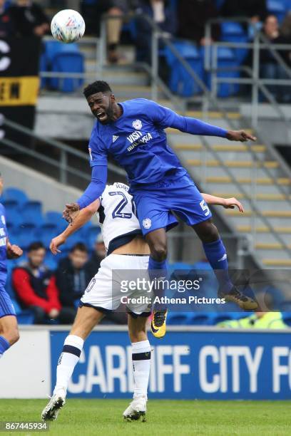 Bruno Ecuele Manga of Cardiff City is challenged by Steve Morison of Millwall during the Sky Bet Championship match between Cardiff City and Millwall...