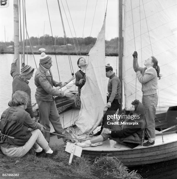Pupils of Clarendon Secondary Modern School, South Oxhey, Watford, Hertfordshire, taking a course in yachting and seamanship on the Norfolk Broads...