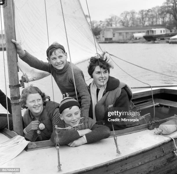 Pupils of Clarendon Secondary Modern School, South Oxhey, Watford, Hertfordshire, taking a course in yachting and seamanship on the Norfolk Broads...