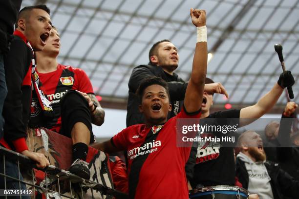 Leon Bailey of Bayer Leverkusen celebrates with the supporters after the Bundesliga match between Bayer 04 Leverkusen and 1. FC Koeln at BayArena on...