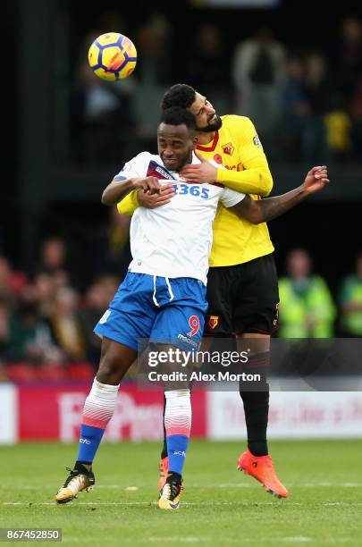 Saido Berahino of Stoke City and Miguel Britos of Watford in action during the Premier League match between Watford and Stoke City at Vicarage Road...