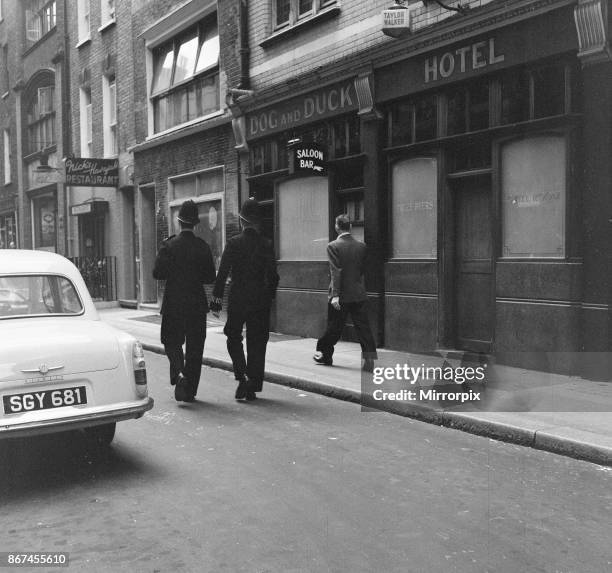 General view of Frith Street, Soho, London, 26th June 1956. Dog and Duck Hotel, Saloon, Bar.