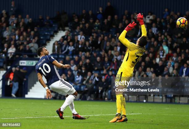 Matt Phillips of West Bromwich Albion scores his sides second goal past Ederson of Manchester City during the Premier League match between West...