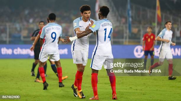 Morgan Gibbs White of England celebrates a scored goal during the FIFA U-17 World Cup India 2017 Final match between England and Spain at Vivekananda...