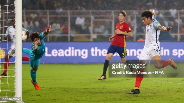 Morgan Gibbs White of England scores the goal during the FIFA U-17 World Cup India 2017 Final match between England and Spain at Vivekananda Yuba...