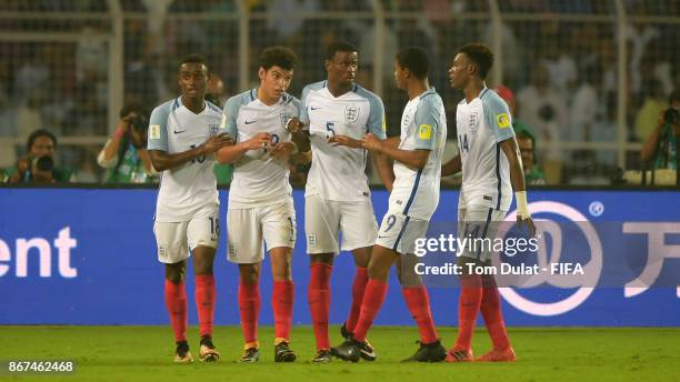 Morgan Gibbs White of England celebrates with the team scoring his sides second goal during the FIFA U-17 World Cup India 2017 Final match between...