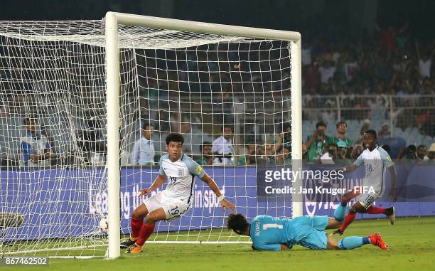 Morgan Gibbs White of England celebrates scoring his team's second goal during the FIFA U-17 World Cup India 2017 Final match between England and...