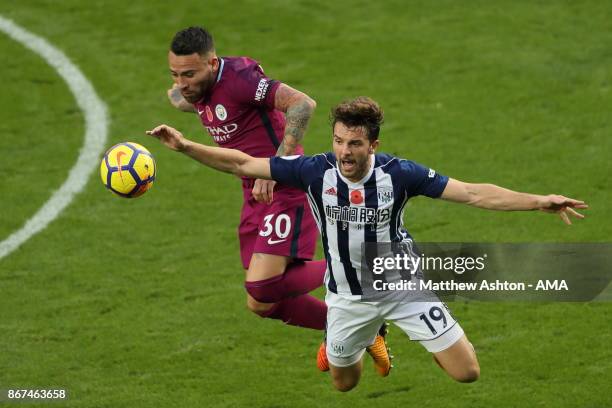 Nicolas Otamendi of Manchester City and Jay Rodriguez of West Bromwich Albion during the Premier League match between West Bromwich Albion and...