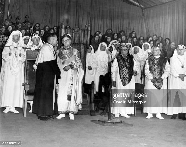 The Archdruid talking to the chaired bard, T Llew Jones of Llandysul, during the chairing ceremony. The Eisteddfod, Ebbw Vale, 8th August 1958.