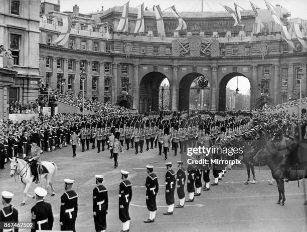 Her Majesty's Procession approaches Trafalgar Square led by Colonel B. J. O. Burrows, O.B.E., T.D. And Five Companies of the Foot Guards as they...