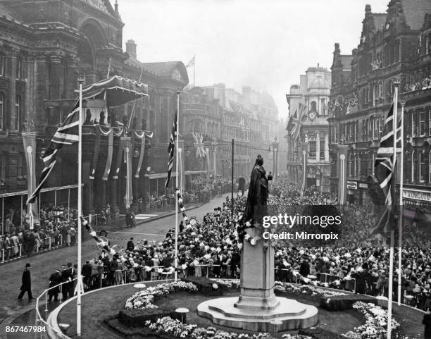 Queen Elizabeth II and Prince Philip visiting Birmingham, West Midlands. Pictured, the Queen and Duke appear on the Council House balcony, 3rd...