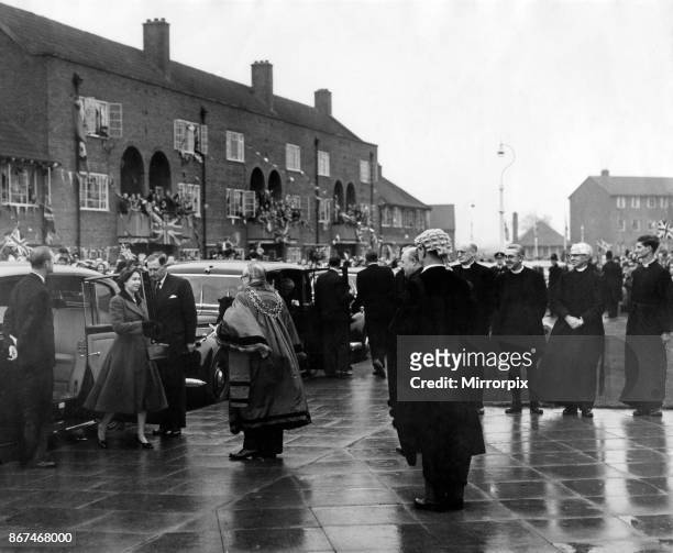 Queen Elizabeth II and Prince Philip visiting Birmingham, West Midlands. Pictured, the Queen arrives at the new All Saints Church built to serve the...