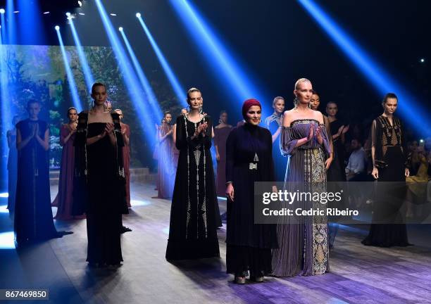 Fashion designer Zareena Yousif walks the runway during the Zareena show at Fashion Forward October 2017 held at the Dubai Design District on October...