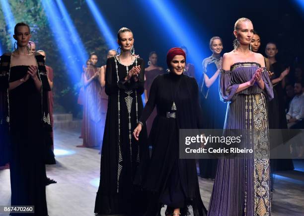 Fashion designer Zareena Yousif walks the runway during the Zareena show at Fashion Forward October 2017 held at the Dubai Design District on October...