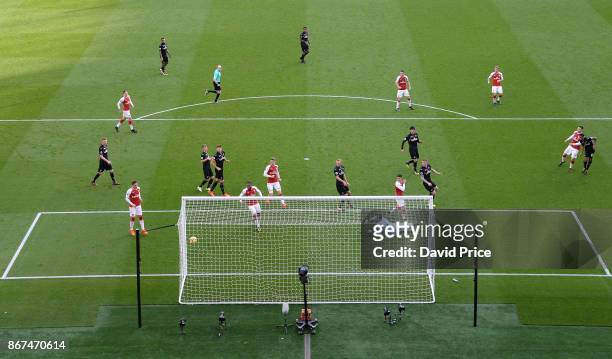 Sead Kolasinac scores Arsenal's 1st goal during the Premier League match between Arsenal and Swansea City at Emirates Stadium on October 28, 2017 in...