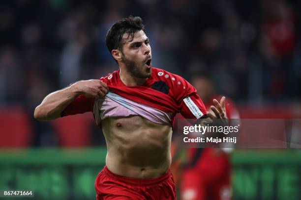 Kevin Volland of Leverkusen celebrates but the goal was later disallowed during the Bundesliga match between Bayer 04 Leverkusen and 1. FC Koeln at...