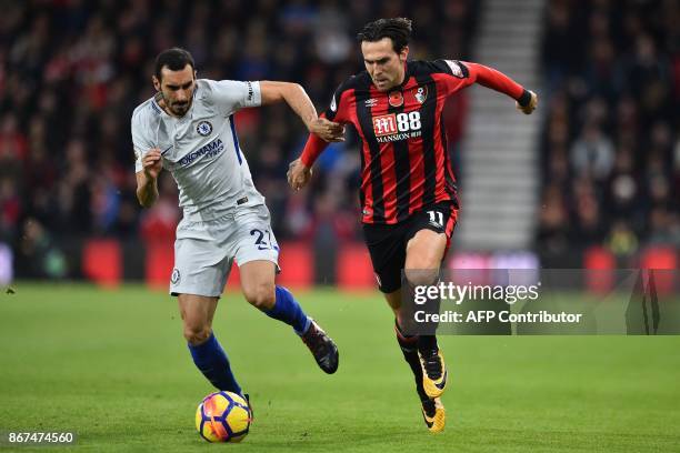 Chelsea's Italian defender Davide Zappacosta vies with Bournemouth's English midfielder Charlie Daniels during the English Premier League football...