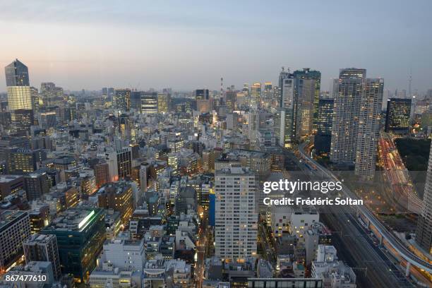 Aerial view in Tokyo and its Tower from the World Trade Center Building, a 40-story commercial skyscraper located in Hamamatsucho, Minato on MARCH...