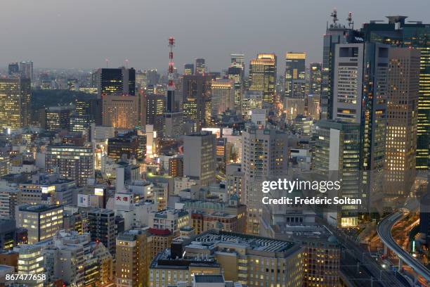 Aerial view in Tokyo and its Tower from the World Trade Center Building, a 40-story commercial skyscraper located in Hamamatsucho, Minato on MARCH...
