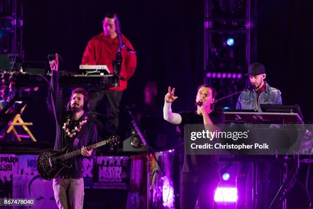 Musicians from Linkin Park; Brad Delsen, Mike Shinoda and Joe Hahn perform with Gavin Rossdale of the band "Bush" during the "Linkin Park And Friends...