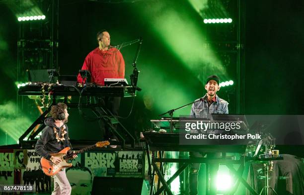 Musicians from Linkin Park; Brad Delsen, Mike Shinoda and Joe Hahn perform during the "Linkin Park And Friends Celebrate Life In Honor Of Chester...