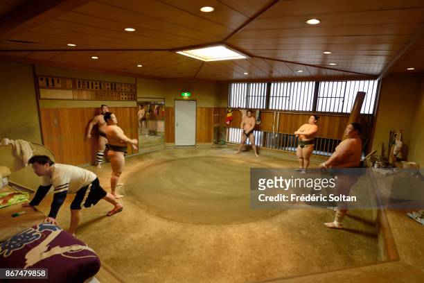 Sumo Wrestler Training in Sumida. Sumo wrestlers training in the Azumazeki-beya, located at Higashi–Komagata, Sumida. The sumo-beya, aka heya is an...