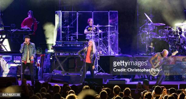 Musicians from Linkin Park; Mike Shinoda and Joe Hahn perform with Tony Kanal from the band "No Doubt" and Alanis Morissette during the "Linkin Park...
