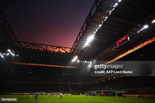 Large view shows the sunset during the Italian Serie A football match AC Milan Vs Juventus on October 28, 2017 at the 'Giuseppe Meazza' Stadium in...