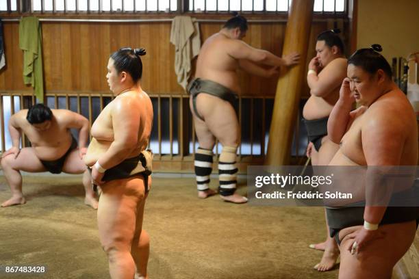 Sumo Wrestler Training in Sumida. Sumo wrestlers training in the Azumazeki-beya, located at Higashi–Komagata, Sumida. The sumo-beya, aka heya is an...