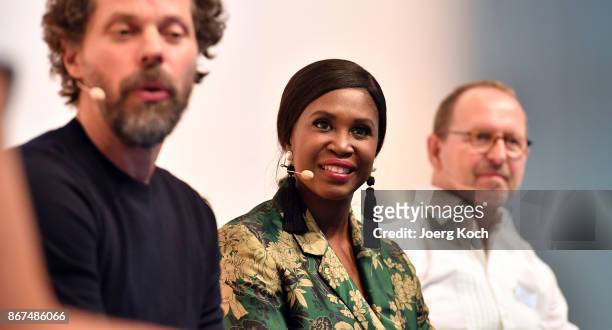 Photographer Oliver Beckmann , dancer Motsi Mabuse and make-up artist Horst Kirchberger attend the Bunte Beauty Days at Messe Muenchen on October 28,...