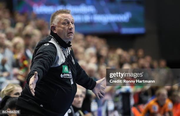 Head coach Michael Biegler of Germany gestures during the women's international friendly match between Germany and The Netherlands at Getec Arena on...