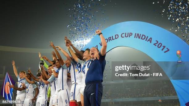 England players lift the trophy after winning the FIFA U-17 World Cup India 2017 Final match between England and Spain at Vivekananda Yuba Bharati...