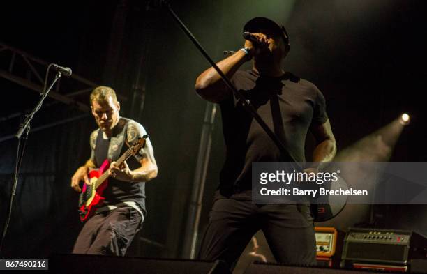 Tim Commerford and Chuck D of Prophets of Rage performs during Voodoo Music + Arts Experience at City Park on October 27, 2017 in New Orleans,...